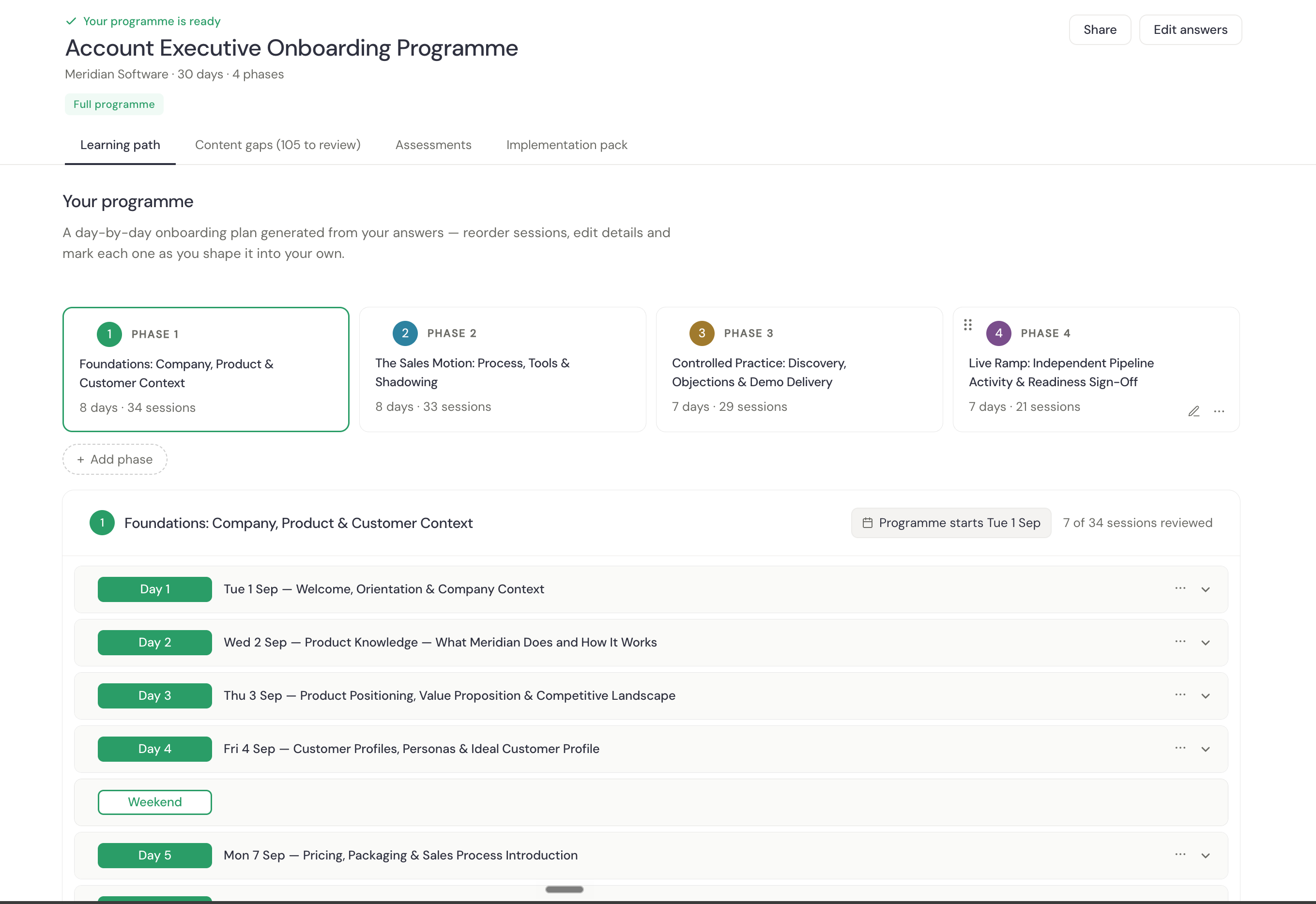 The Onboardable programme editor showing a four-phase onboarding programme with a day-by-day schedule